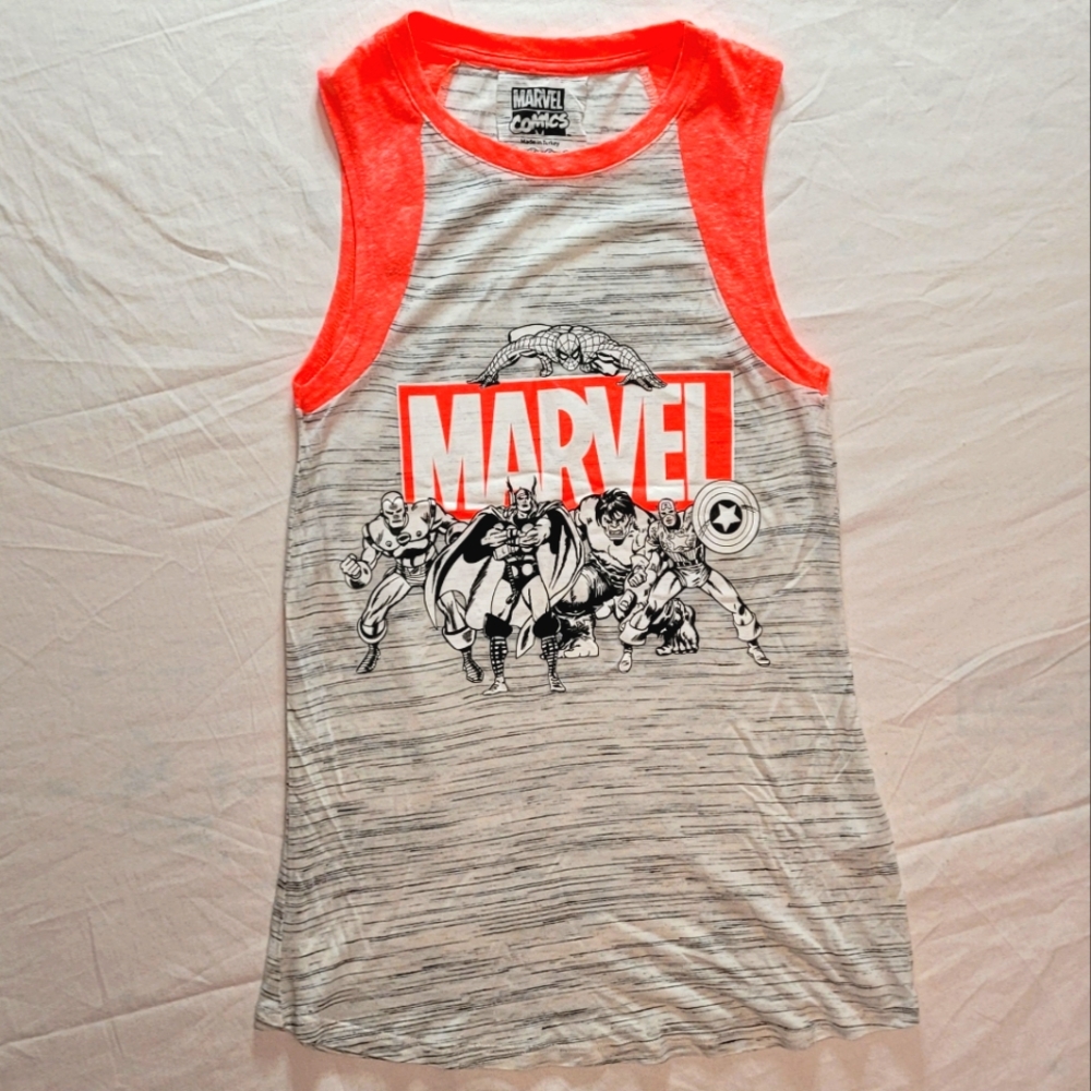 Marvel Women's Heather Gray Tank Top with Neon Coral Trim